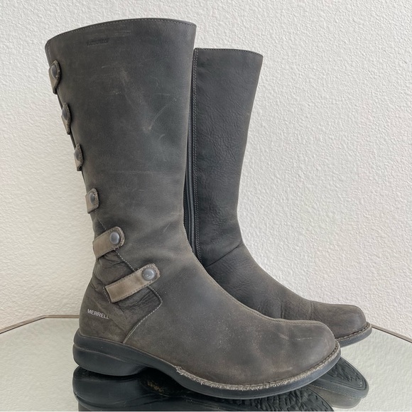 Merrell Shoes - MERRELL Womens Grey Leather Drizzle Captiva Launch 2 Mid Calf Waterproof Boots